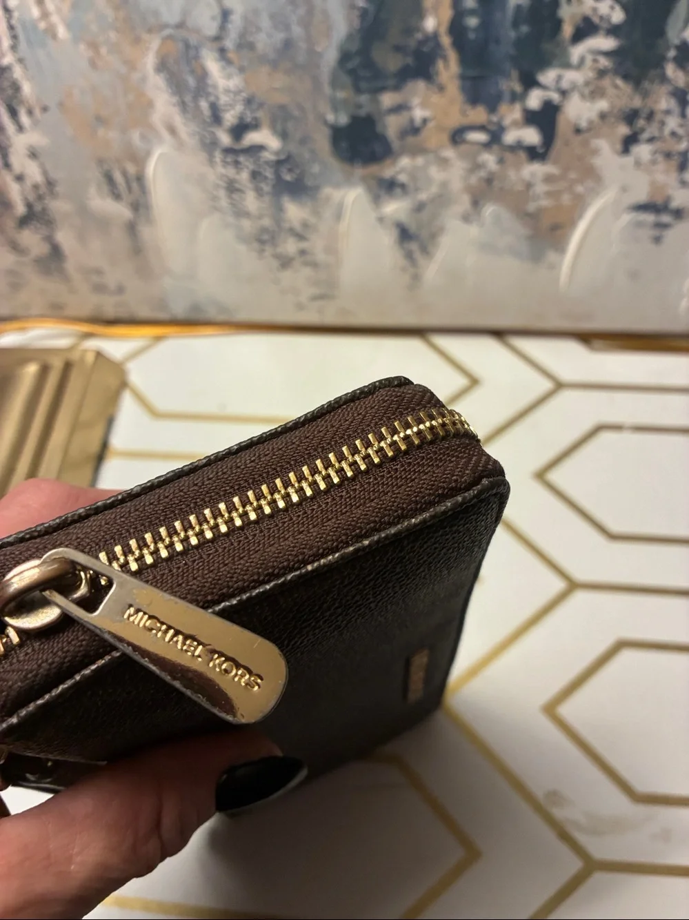 NWOT Michael Kors Dark Brown Logo Zip-Around Wristlet Wallet with Gold Hardware